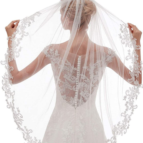Elegant Short Wedding Bridal Veil Lace Applique Edge White