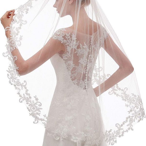 Elegant Short Wedding Bridal Veil Lace Applique Edge White