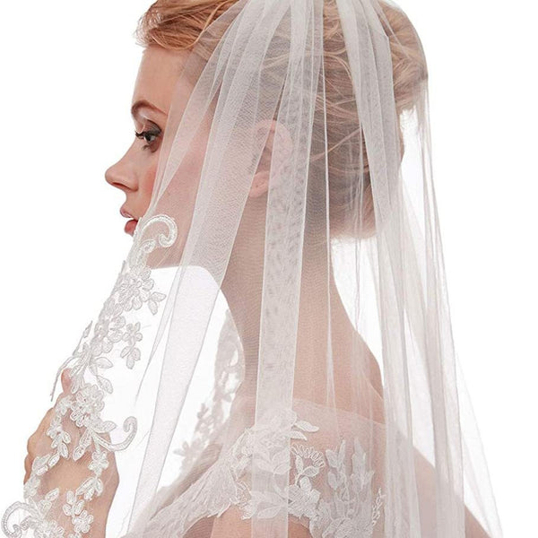 Elegant Short Wedding Bridal Veil Lace Applique Edge White