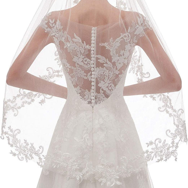 Elegant Short Wedding Bridal Veil Lace Applique Edge White