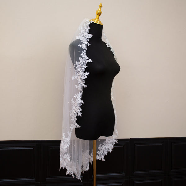 Elegant Long Wedding Bridal Veil Pearl Accents Lace Edge Metal Comb White
