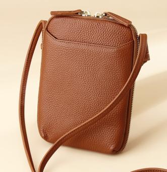 Genuine Leather Mini Crossbody Phone Bag Multi Pocket Organiser Brown