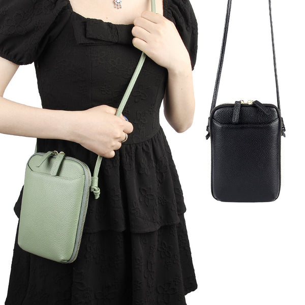 Genuine Leather Mini Crossbody Phone Bag Multi Pocket Organiser Black