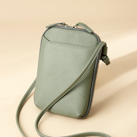 Genuine Leather Mini Crossbody Phone Bag Multi Pocket Organiser Light Green