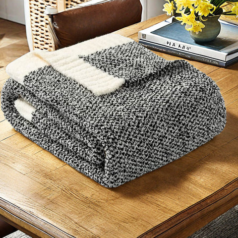 Textured Two Tone Chenille Throw Blanket Rug 960g 127 x 153cm Black White