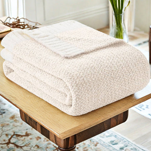 Textured Two Tone Chenille Throw Blanket Rug 960g 127 x 153cm Beige White