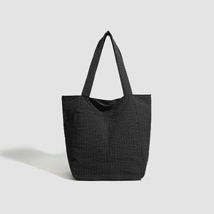 Lightweight Seersucker Gingham Tote Shoulder Beach Shopper Bag Multi Pocket Black