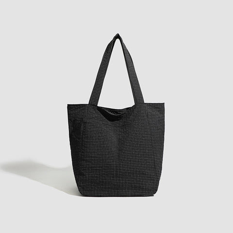 Lightweight Seersucker Gingham Tote Shoulder Beach Shopper Bag Multi Pocket Black