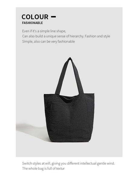 Lightweight Seersucker Gingham Tote Shoulder Beach Shopper Bag Multi Pocket Black