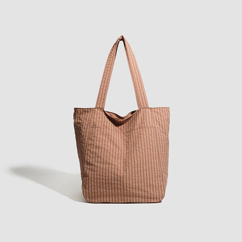 Lightweight Seersucker Gingham Tote Shoulder Beach Shopper Bag Multi Pocket Brown
