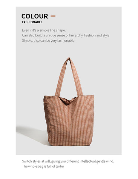 Lightweight Seersucker Gingham Tote Shoulder Beach Shopper Bag Multi Pocket Brown