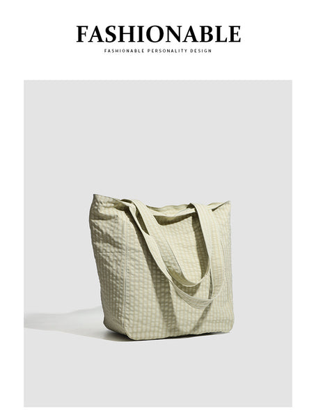 Lightweight Seersucker Gingham Tote Shoulder Beach Shopper Bag Multi Pocket Brown