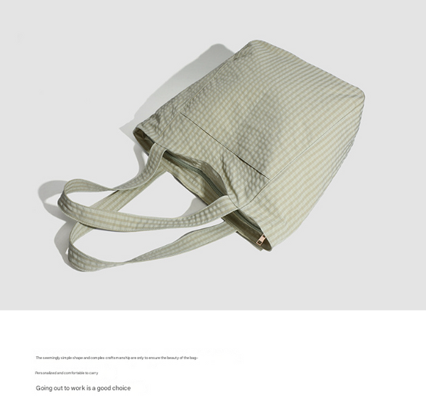 Lightweight Seersucker Gingham Tote Shoulder Beach Shopper Bag Multi Pocket Brown