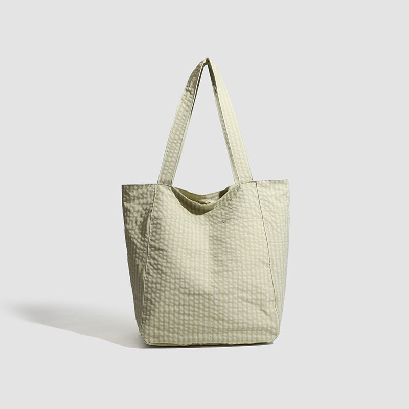 Lightweight Seersucker Gingham Tote Shoulder Beach Shopper Bag Multi Pocket Green