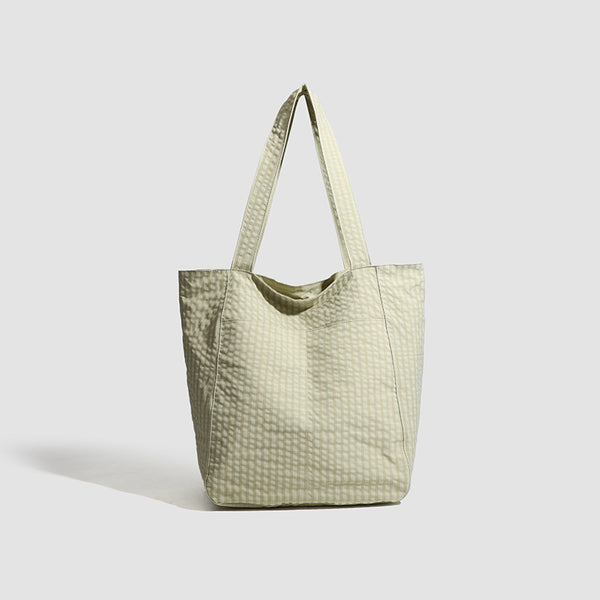 Lightweight Seersucker Gingham Tote Shoulder Beach Shopper Bag Multi Pocket Green