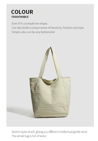 Lightweight Seersucker Gingham Tote Shoulder Beach Shopper Bag Multi Pocket Green