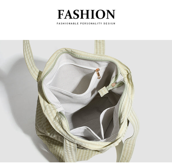 Lightweight Seersucker Gingham Tote Shoulder Beach Shopper Bag Multi Pocket Green
