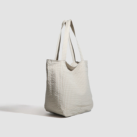 Lightweight Seersucker Gingham Tote Shoulder Beach Shopper Bag Multi Pocket Beige