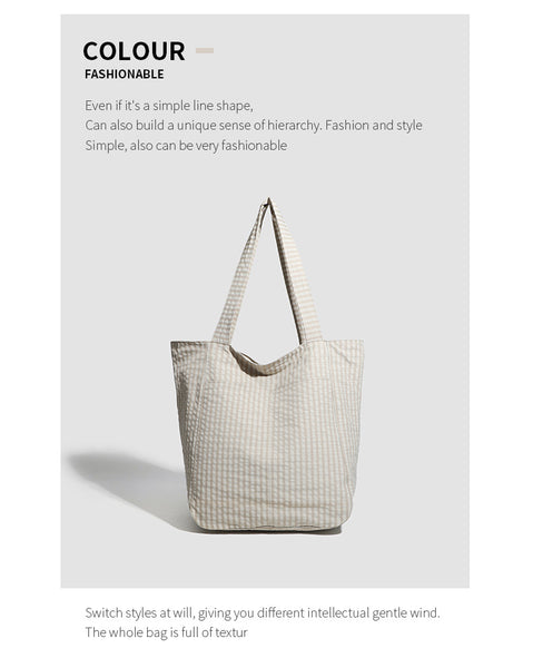 Lightweight Seersucker Gingham Tote Shoulder Beach Shopper Bag Multi Pocket Beige