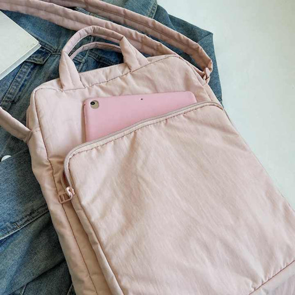 Lightweight Nylon Vertical Crossbody Shoulder Bag Adjustable Strap Pockets Beige
