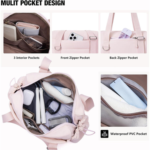 Womens Mini Nylon Gym Duffel Shoulder Bag Wet Pocket Removeable Pouch Beige
