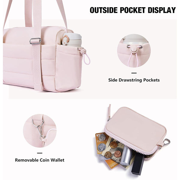 Womens Mini Nylon Gym Duffel Shoulder Bag Wet Pocket Removeable Pouch Beige