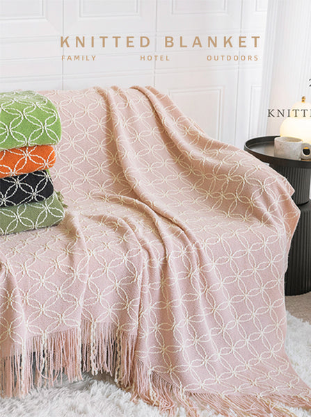Geometric Circles Acrylic Knitted Throw Blanket Rug Fringe 130 x 180cm Pink