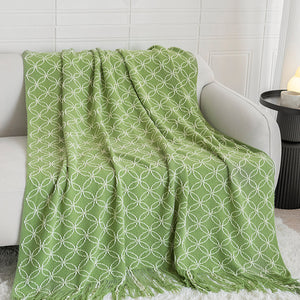 Geometric Circles Acrylic Knitted Throw Blanket Rug Fringe 130 x 180cm Light Green
