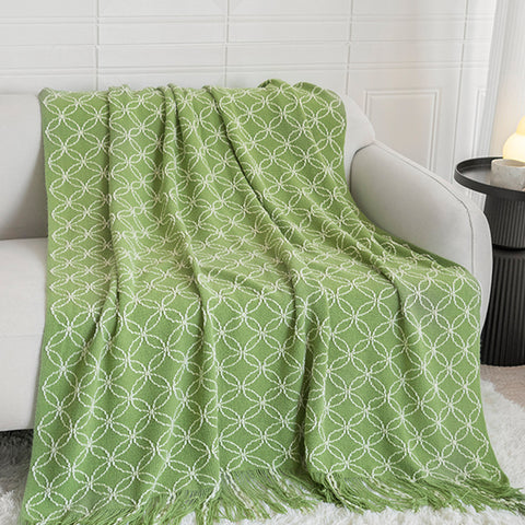 Geometric Circles Acrylic Knitted Throw Blanket Rug Fringe 130 x 180cm Light Green