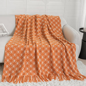 Geometric Circles Acrylic Knitted Throw Blanket Rug Fringe 130 x 180cm Orange
