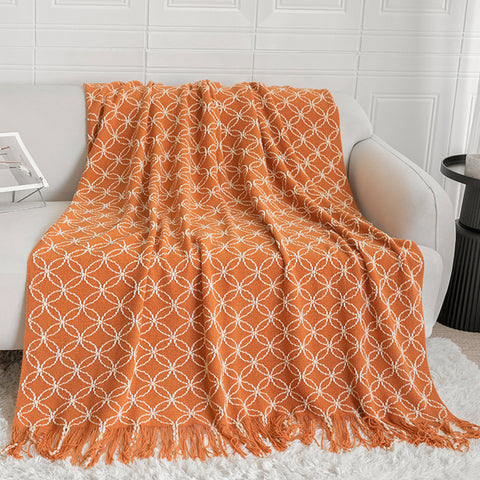 Geometric Circles Acrylic Knitted Throw Blanket Rug Fringe 130 x 180cm Orange