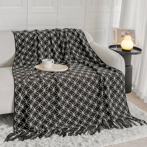 Geometric Circles Acrylic Knitted Throw Blanket Rug Fringe 130 x 180cm Black