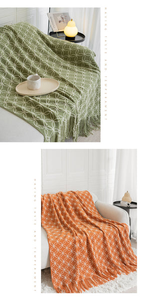 Geometric Circles Acrylic Knitted Throw Blanket Rug Fringe 130 x 180cm Green