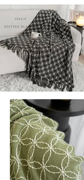 Geometric Circles Acrylic Knitted Throw Blanket Rug Fringe 130 x 180cm Green