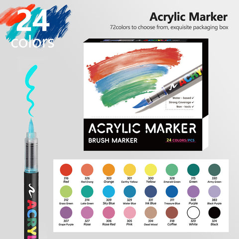 24 Colour Vibrant Acrylic Marker Art Pen Set Soft Brush Tip Paint Colour Craft
