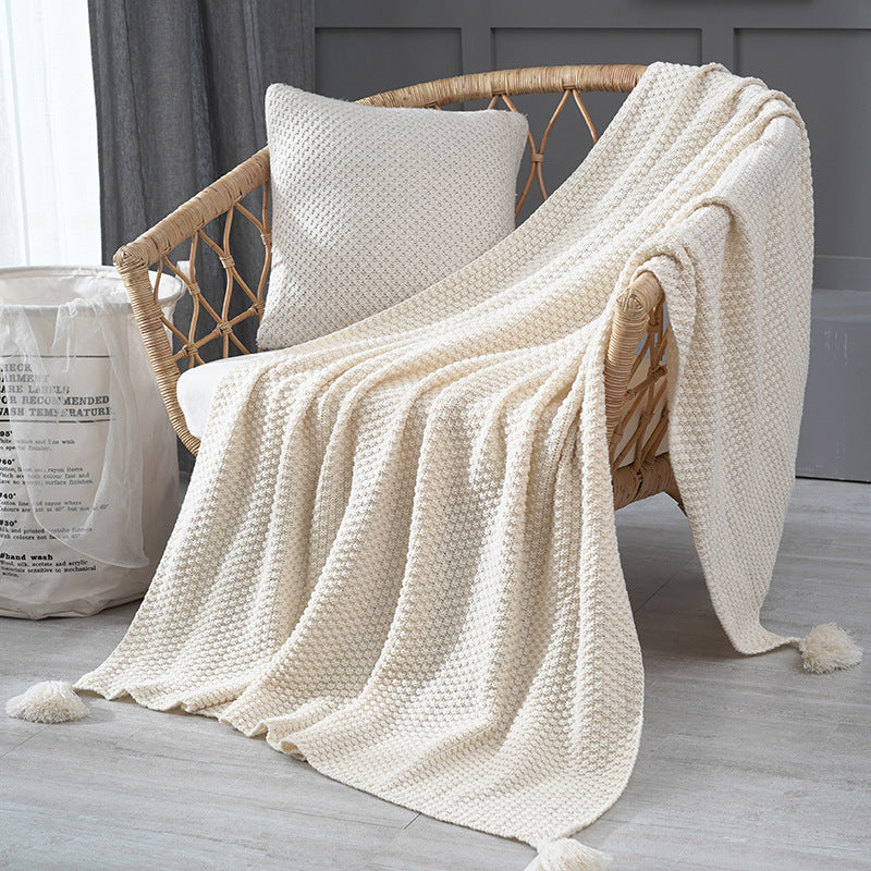 Pineapple Grid Knitted Tassel Blanket Throw Rug 110cm x 150cm Beige