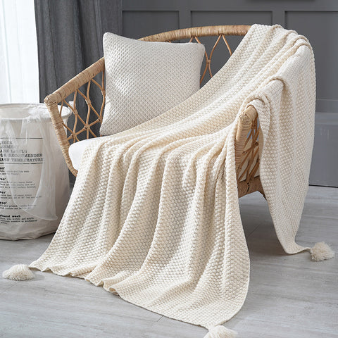 Pineapple Grid Knitted Tassel Blanket Throw Rug 110cm x 150cm Beige