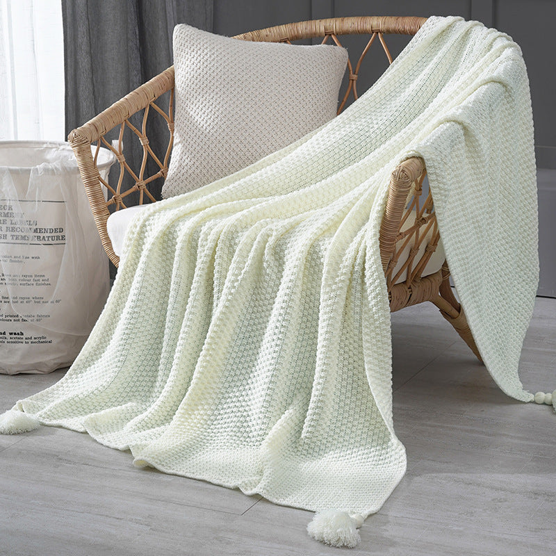Pineapple Grid Knitted Tassel Blanket Throw Rug 110cm x 150cm White