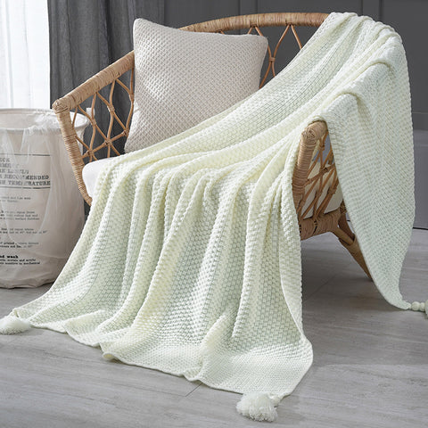 Pineapple Grid Knitted Tassel Blanket Throw Rug 110cm x 150cm White