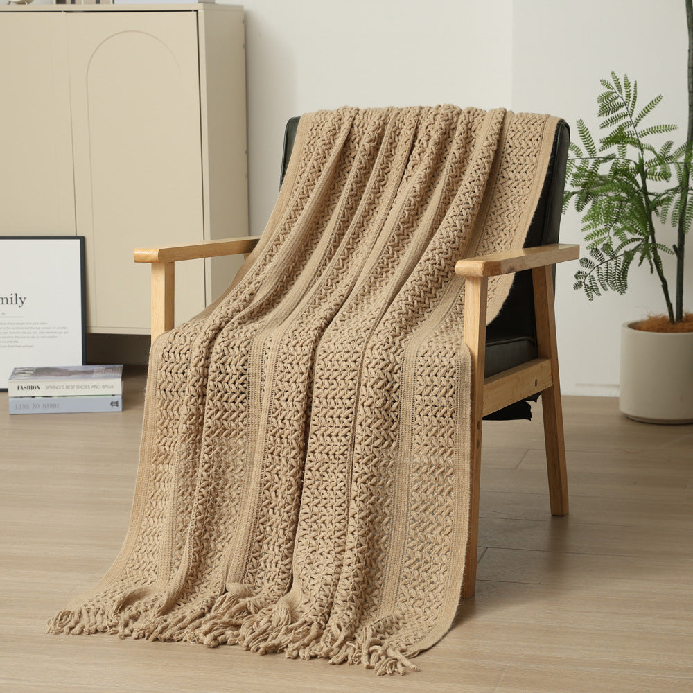 Hollow Knitted Sofa Blanket Throw Rug Fringe 510g 120 x 165cm Khaki
