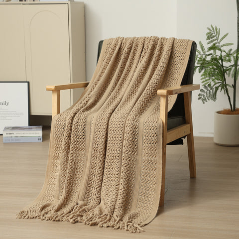 Hollow Knitted Sofa Blanket Throw Rug Fringe 510g 120 x 165cm Khaki