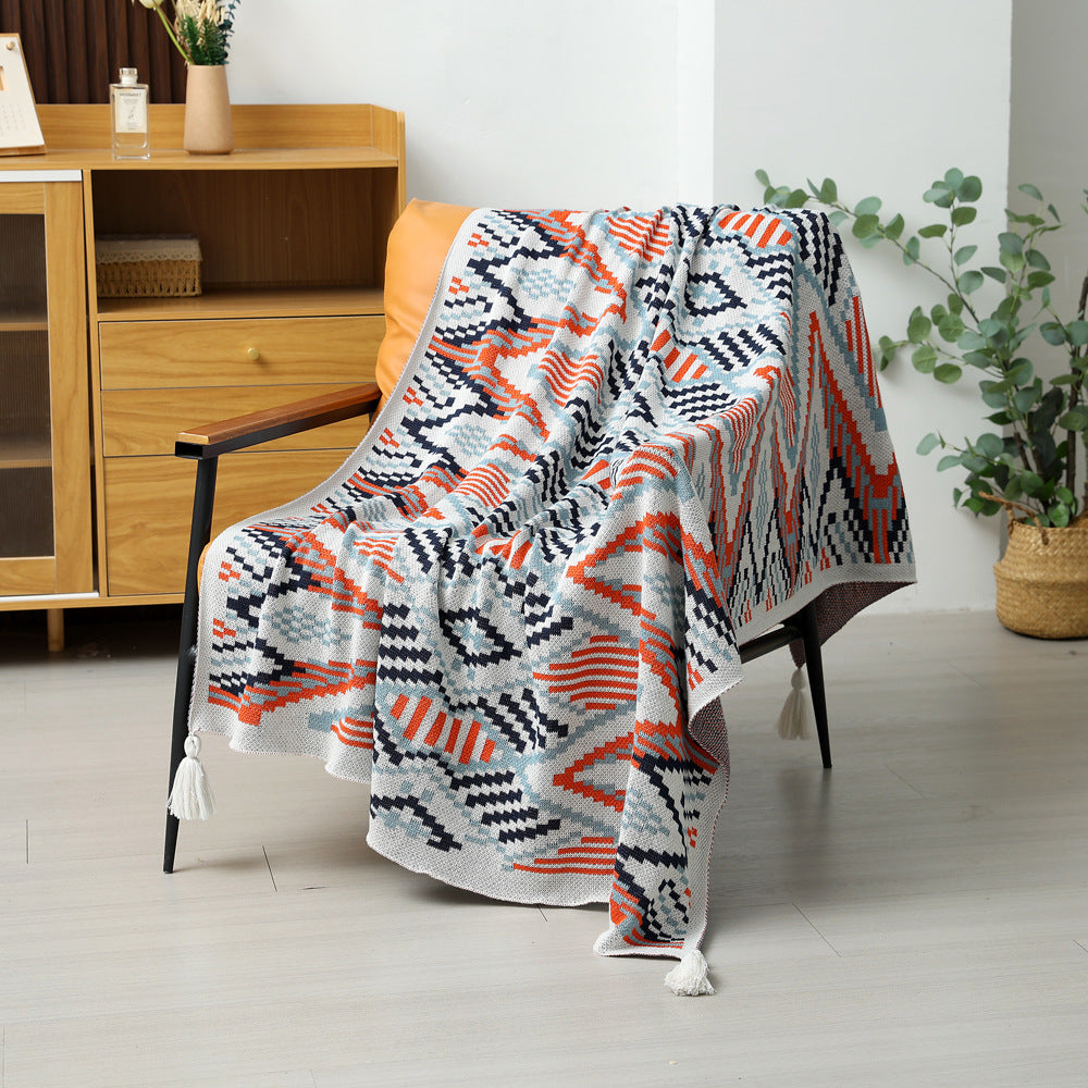 Bohemian Western Knitted Sofa Blanket Throw Rug 900g 130 x 170cm Red Blue