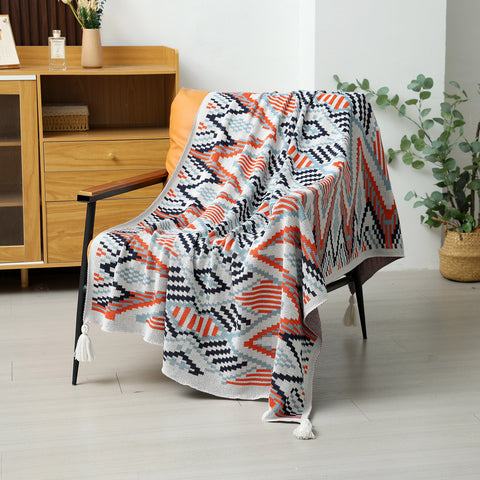 Bohemian Western Knitted Sofa Blanket Throw Rug 900g 130 x 170cm Red Blue