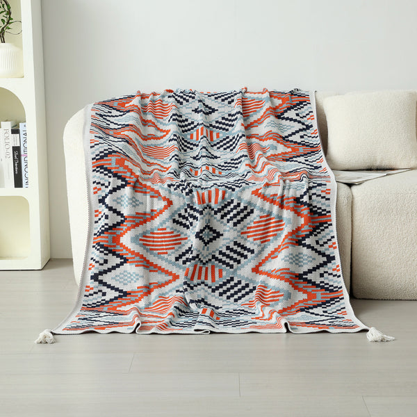 Bohemian Western Knitted Sofa Blanket Throw Rug 900g 130 x 170cm Red Blue