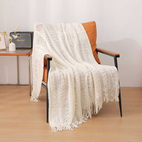 Hollow Knitted Sofa Blanket Throw Rug Fringe 510g 120 x 165cm Beige