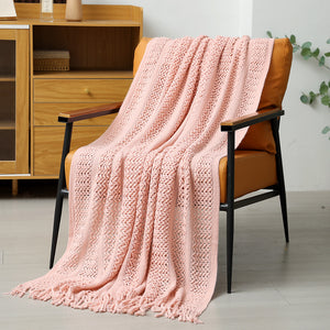 Hollow Knitted Sofa Blanket Throw Rug Fringe 510g 120 x 165cm Pink
