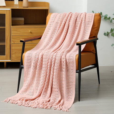 Hollow Knitted Sofa Blanket Throw Rug Fringe 510g 120 x 165cm Pink