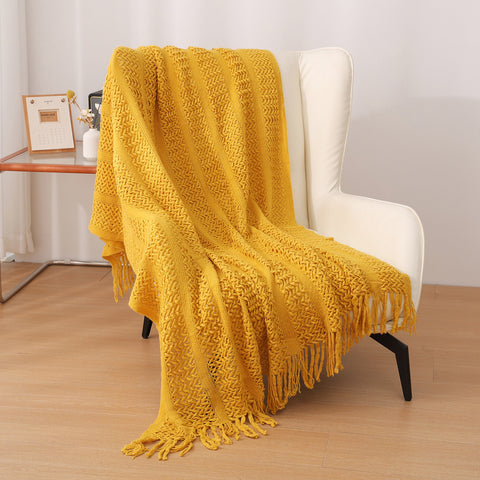 Hollow Knitted Sofa Blanket Throw Rug Fringe 510g 120 x 165cm Yellow