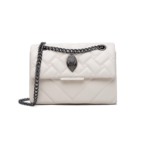 Quilted Faux PU Leather Crossbody Bag Handbag Chain Strap Bird Head Clasp White