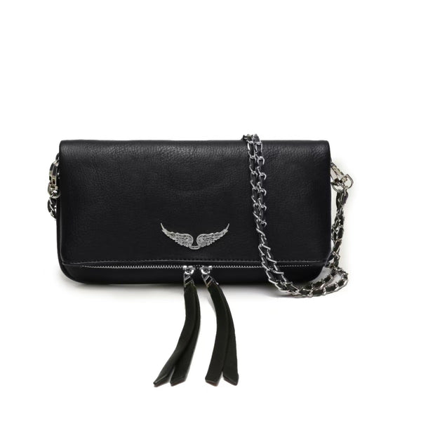 Quilted PU Leather Crossbody Shoulder Clutch Bag Tassel Chain Strap Black